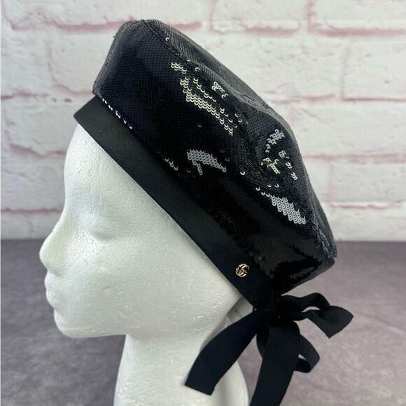 Rare Gucci Sequin Satin Bow Black Beret Cap - Picture 3 of 12